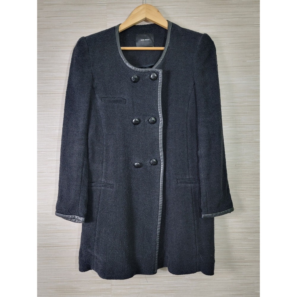 Isabel Marant Women's Wool Blend Herringbone Coat Black Leather Trim